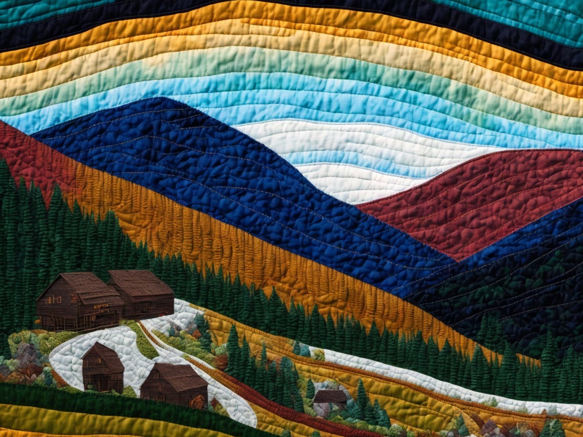 Vibrant Quilt Artwork of Mountainous Landscape and Cabins