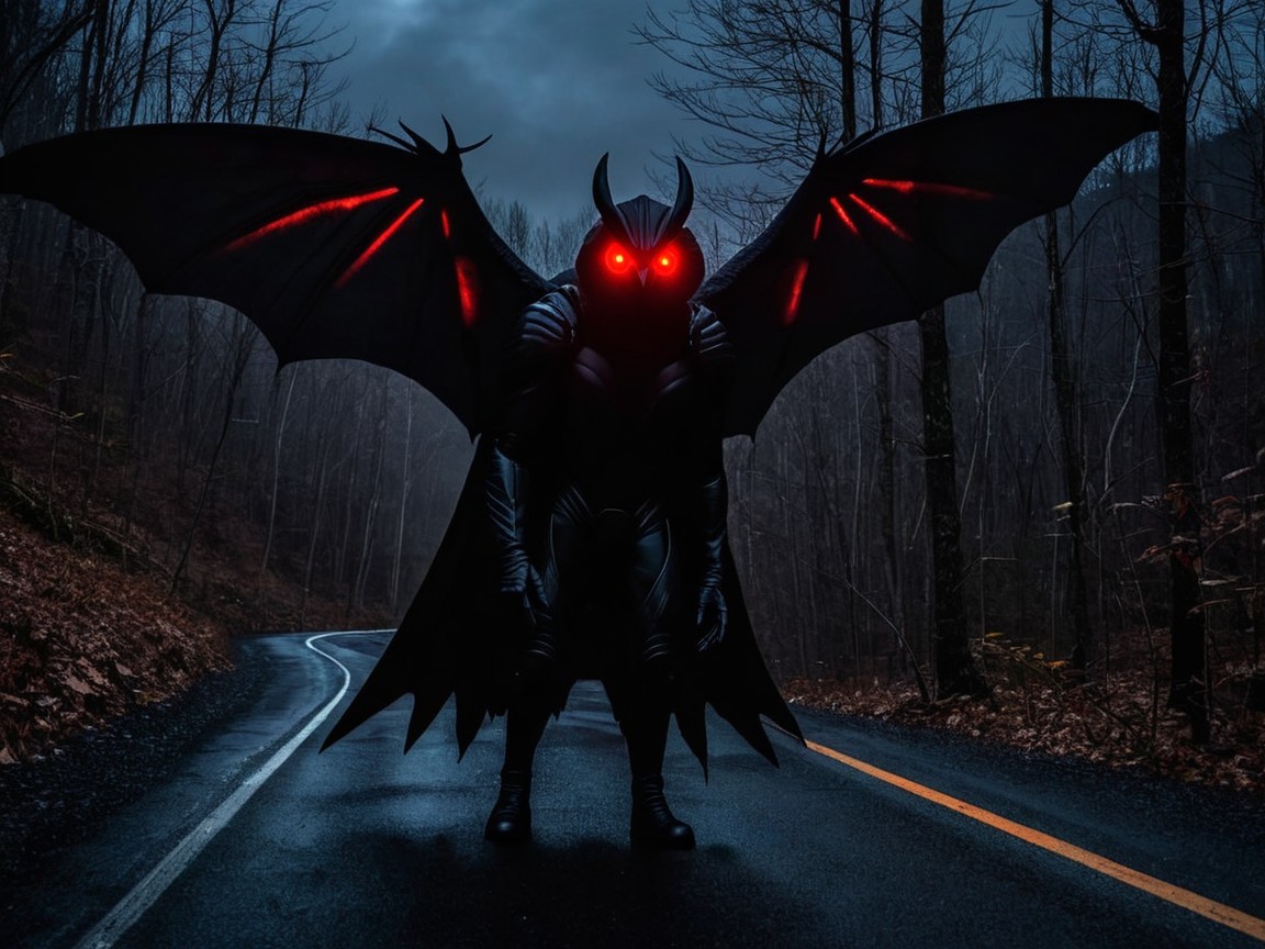 Menacing Figure with Wings in Eerie Forest at Dusk