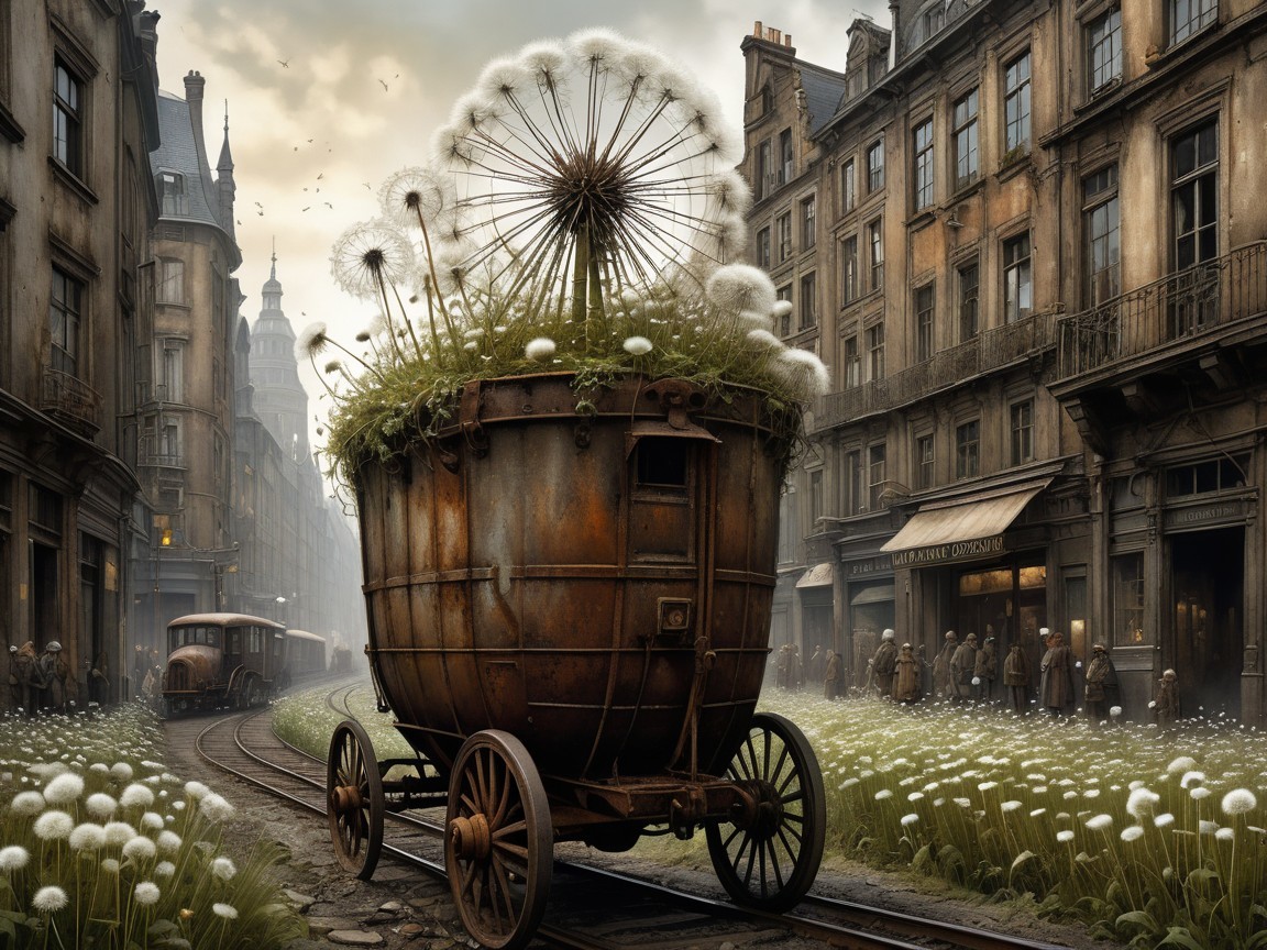 Vintage metal cart with dandelion seeds on tracks