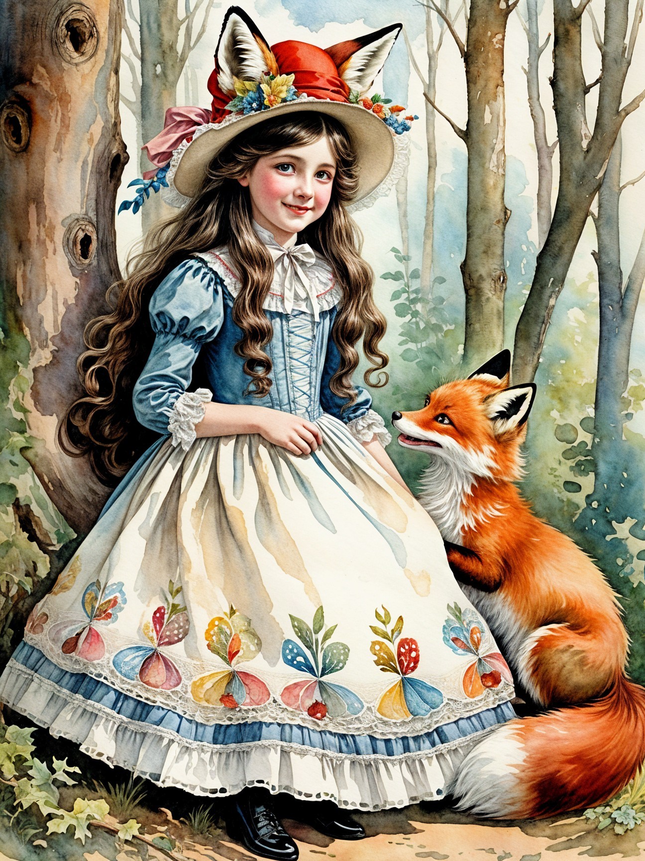 Young girl in colorful dress with fox in forest