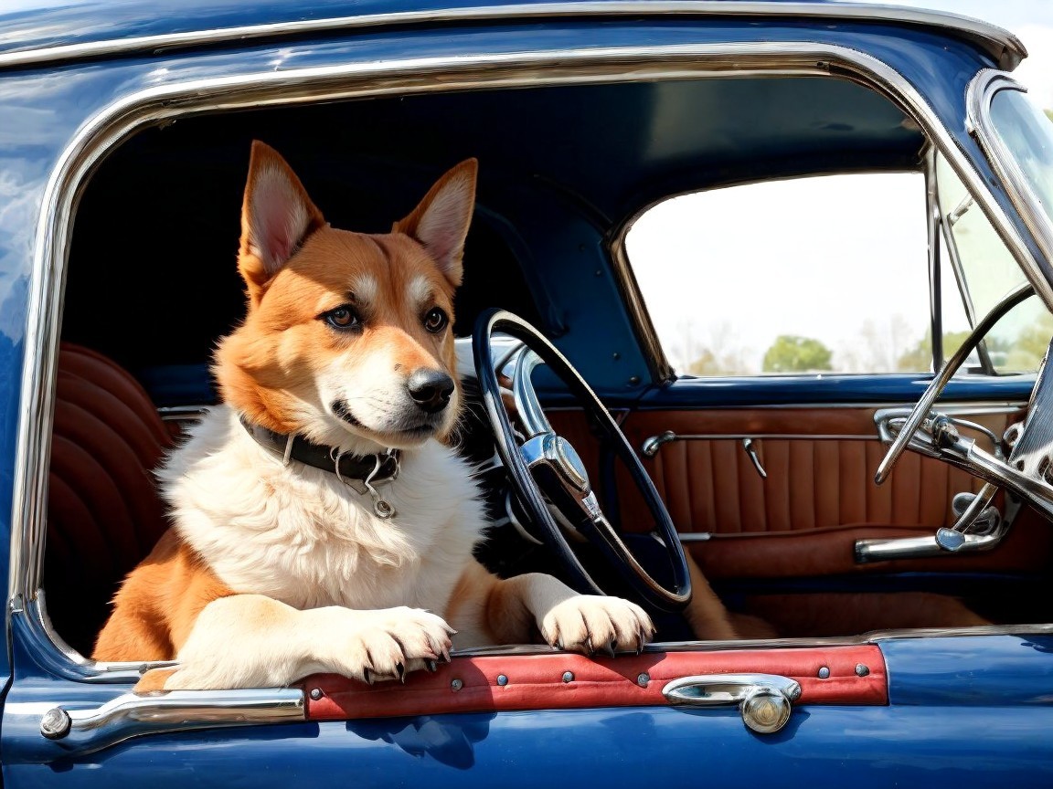 Corgi in Vintage Blue Car with Leather Interior