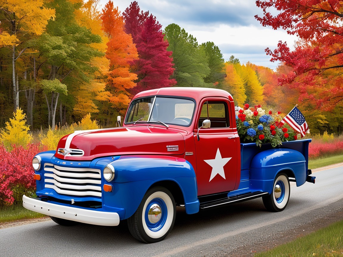 Vintage Truck Surrounded by Autumn Landscape