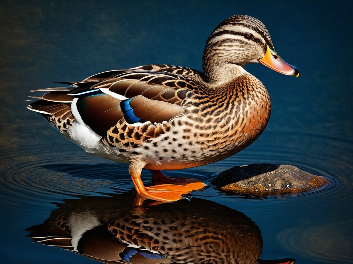 Vibrant Duck on Rock in Calm Water Setting