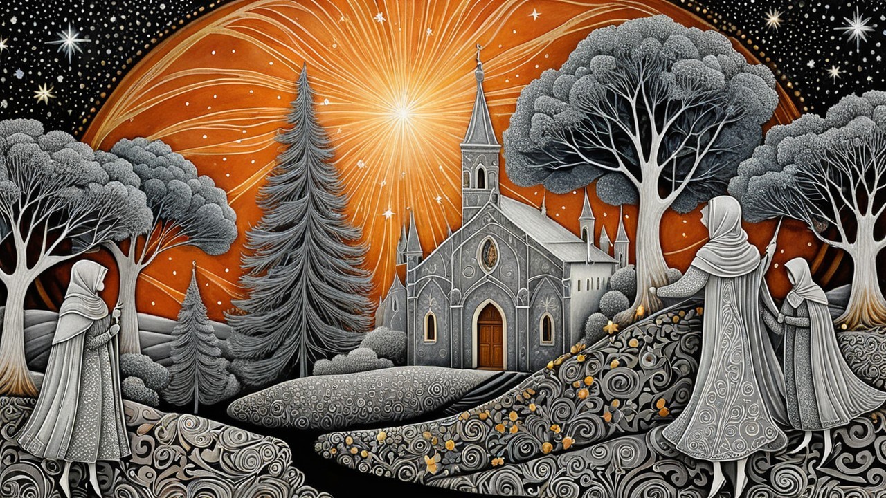 Whimsical Medieval Tapestry with Gothic Cathedral Scene