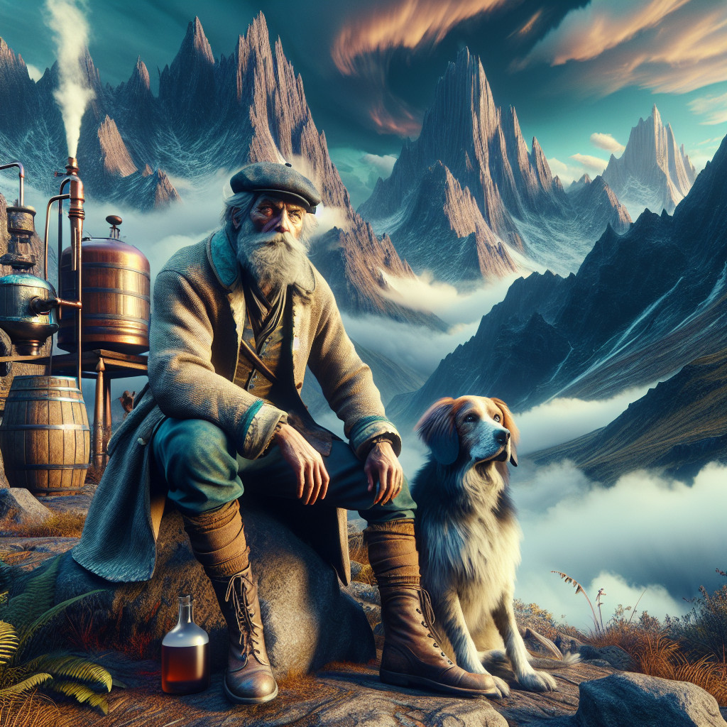 Elderly Man with Dog in Mountainous Steampunk Scene