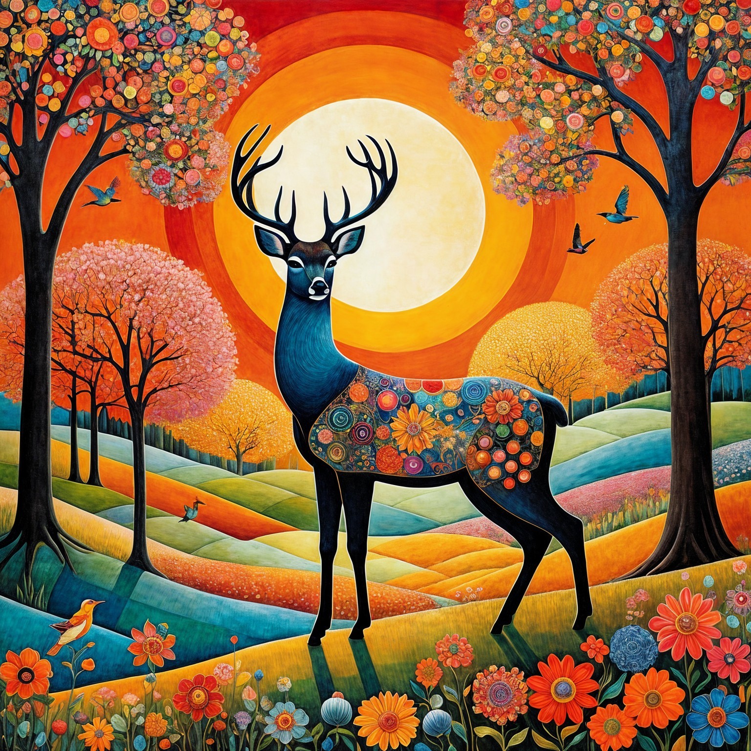 Vibrant Landscape with Deer and Colorful Flora