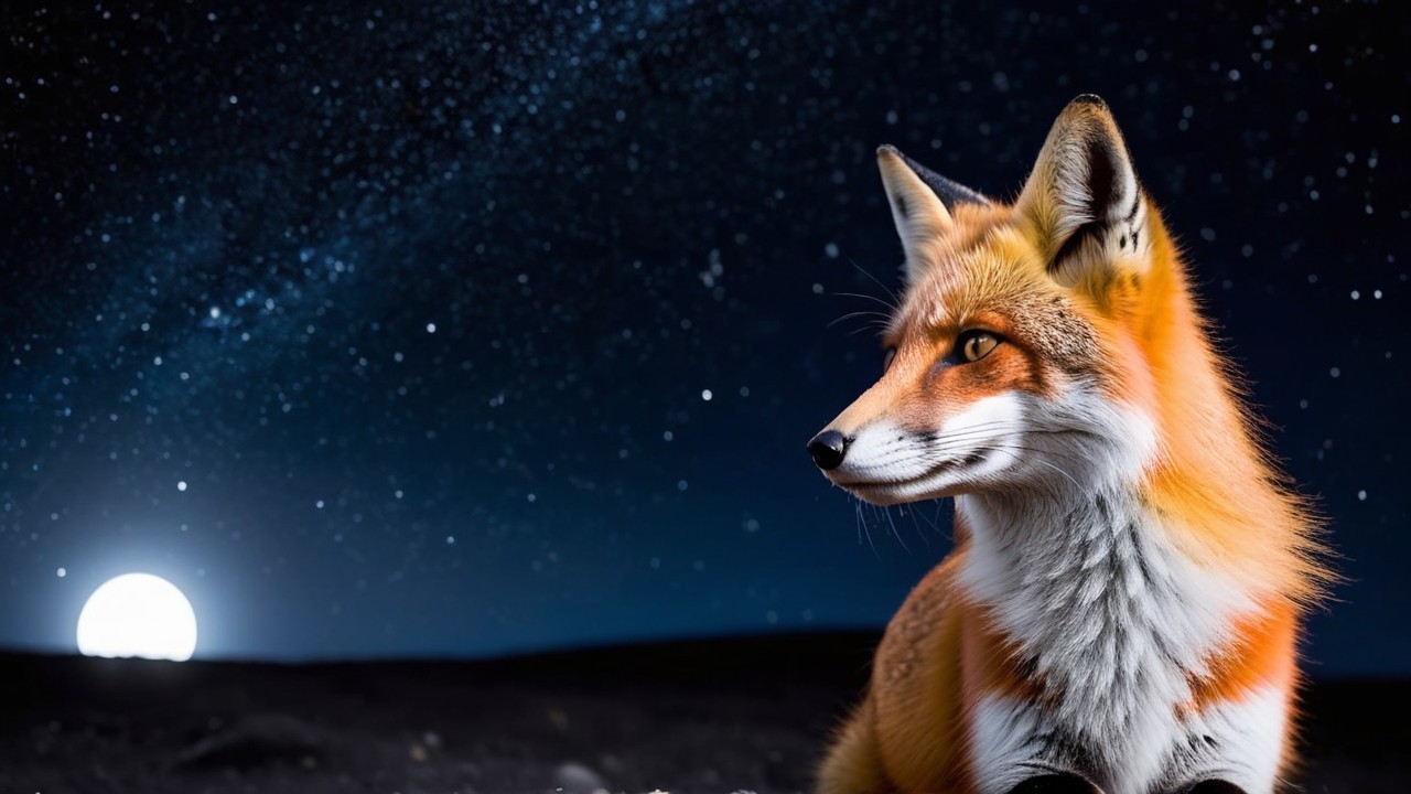 Fox Against Starry Night Sky with Moonlight Glow