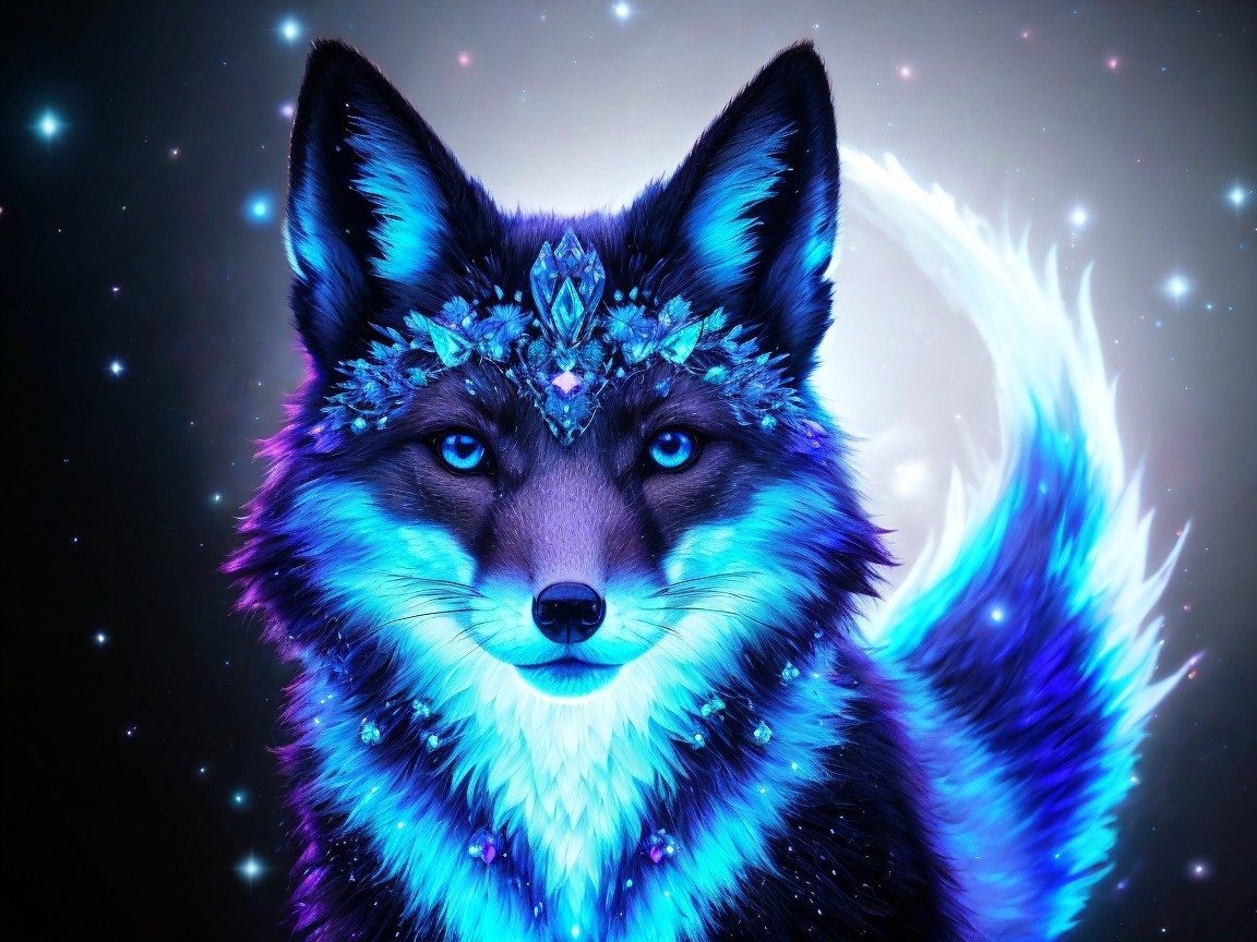 Mystical fox with crystals in a cosmic setting