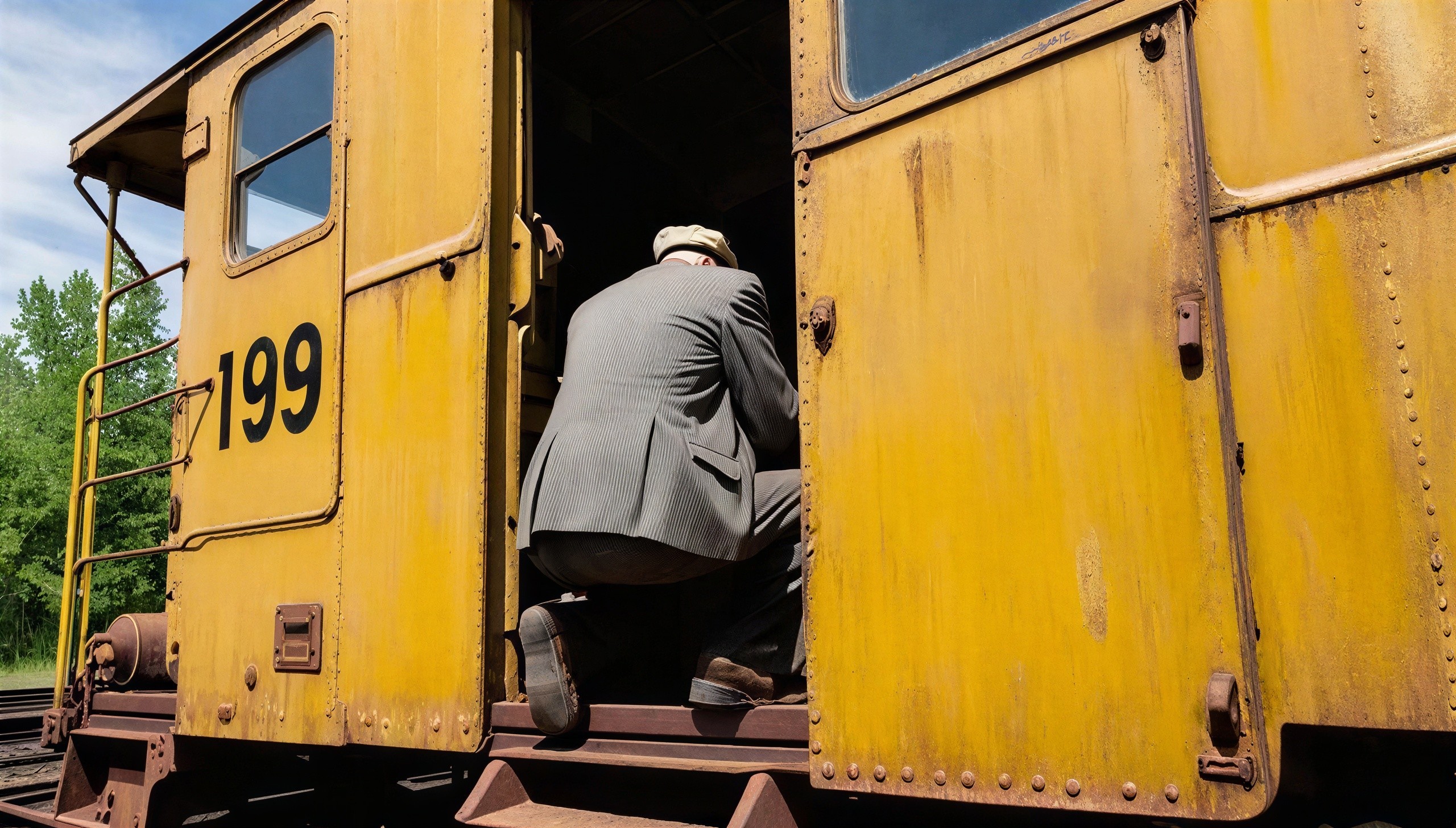 Man in Houndstooth Suit Entering Yellow Train Car