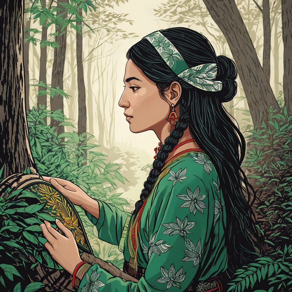 Young Woman in Vibrant Green Outfit in Forest Setting