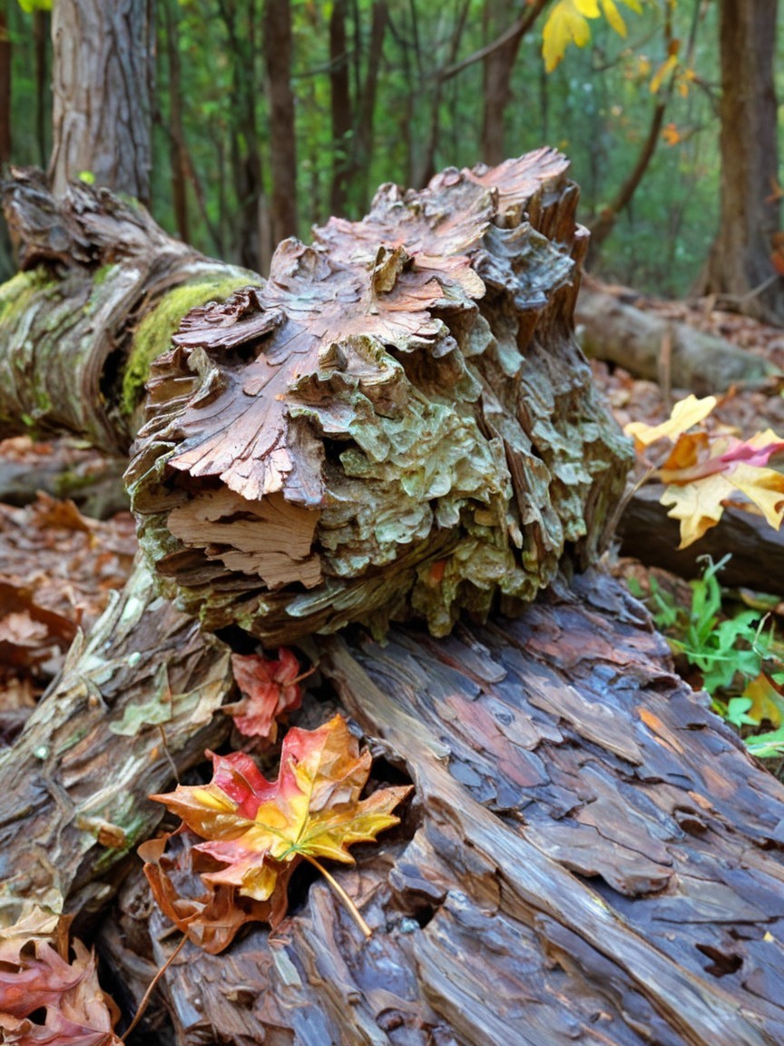 Close-up of Weathered Wood Among Autumn Leaves