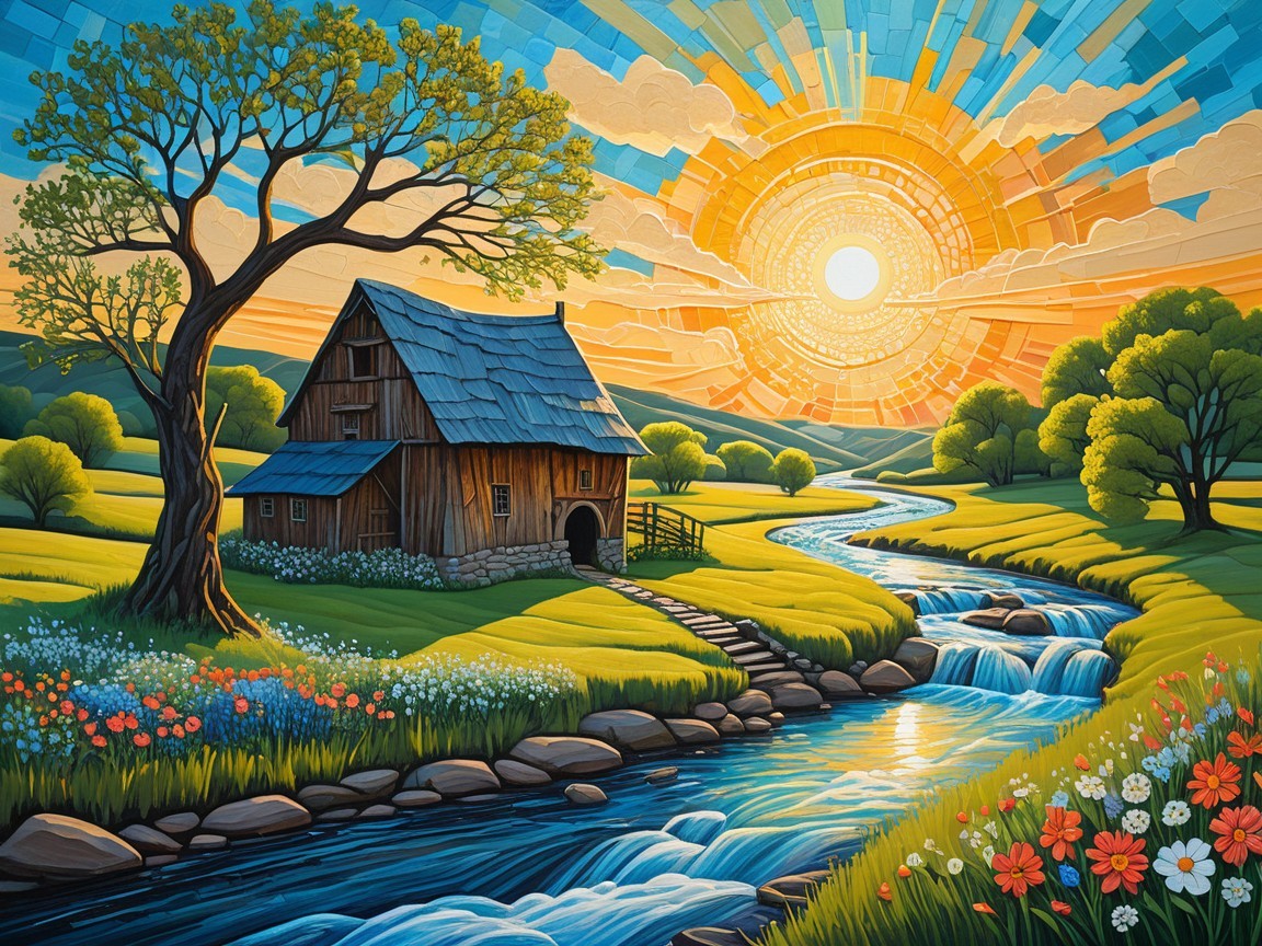 Rustic Farmhouse by a Flowing River in Serene Landscape