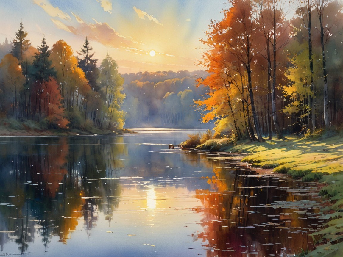 Autumn Landscape with Calm Lake and Vibrant Foliage