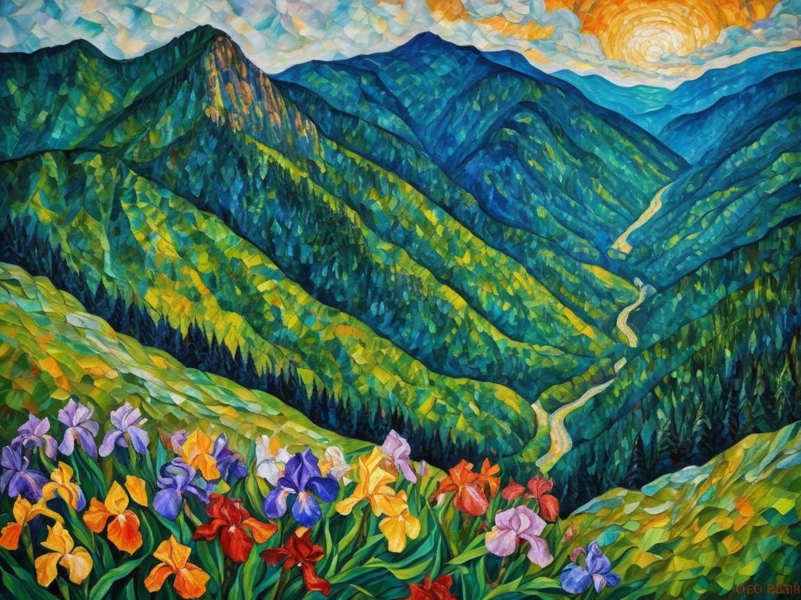 Vibrant Landscape with Mountains and Blooming Irises