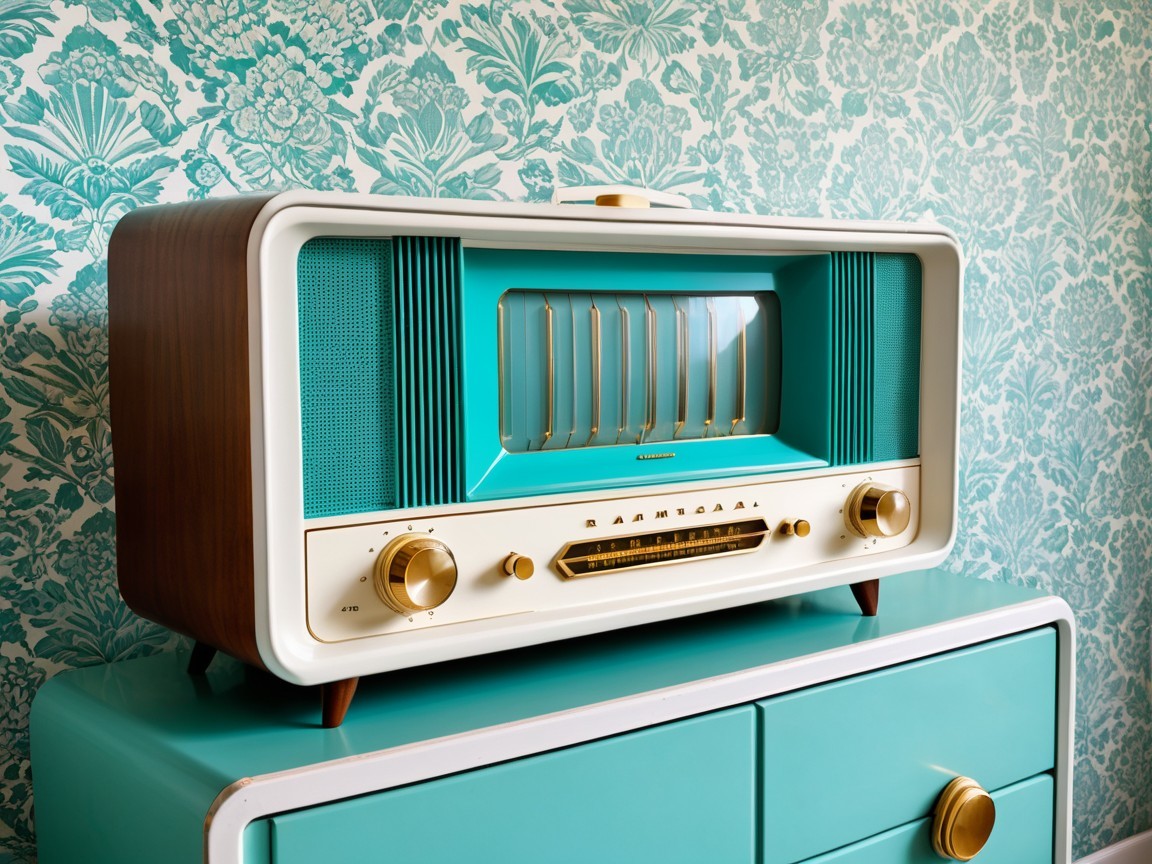 Vintage Radio with Turquoise and Wood Design