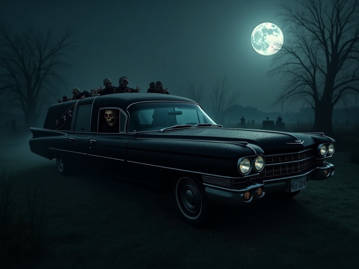 Vintage Black Hearse in Misty Cemetery at Night