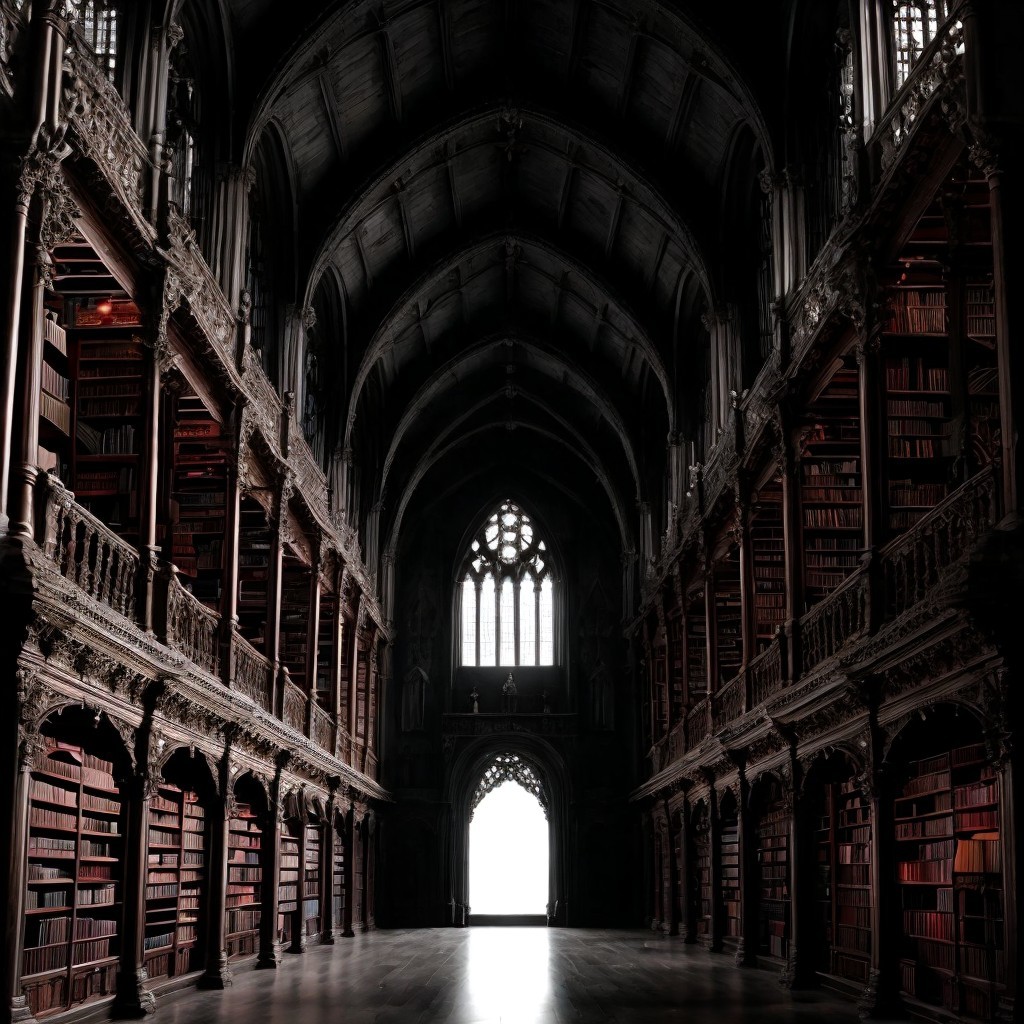 Grand Dimly Lit Library with Towering Bookshelves