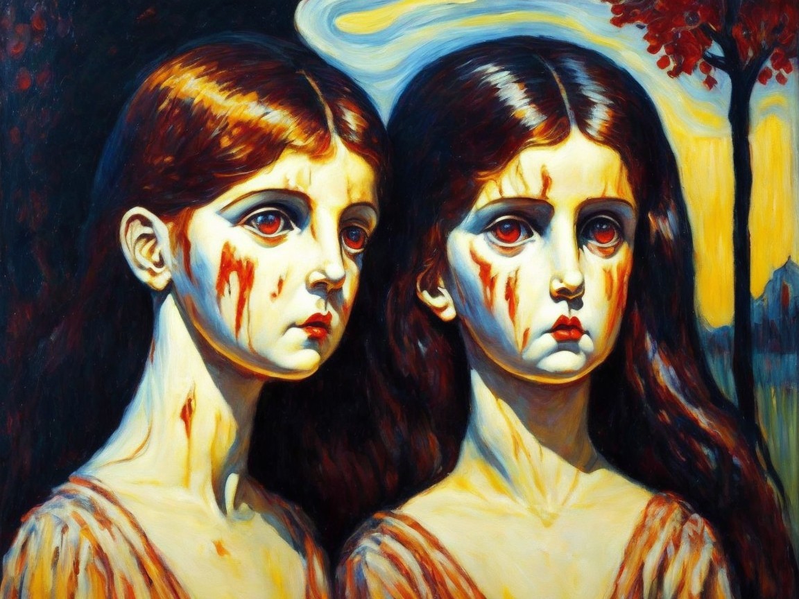 Haunting Portrait of Identical Girls in Surreal Landscape