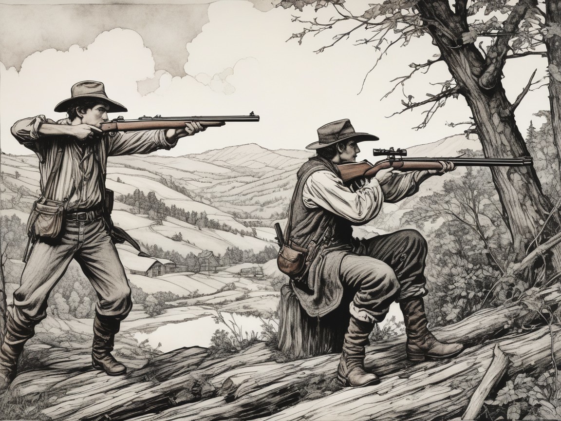 Hunters in Rugged Landscape with Rolling Hills and River