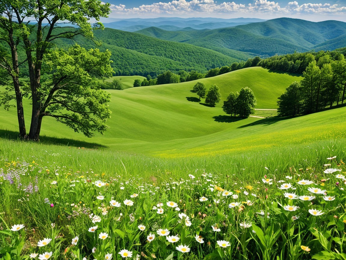Serene Landscape of Green Hills and Distant Mountains