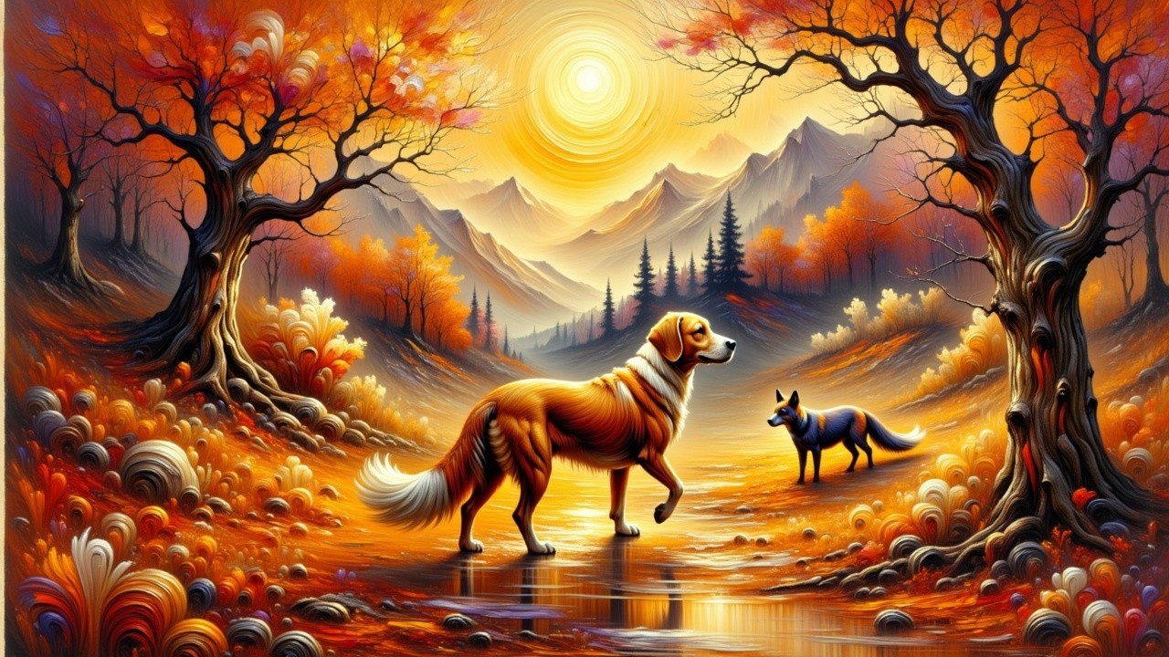 Autumn Landscape with Foliage, Animals, and Mountains