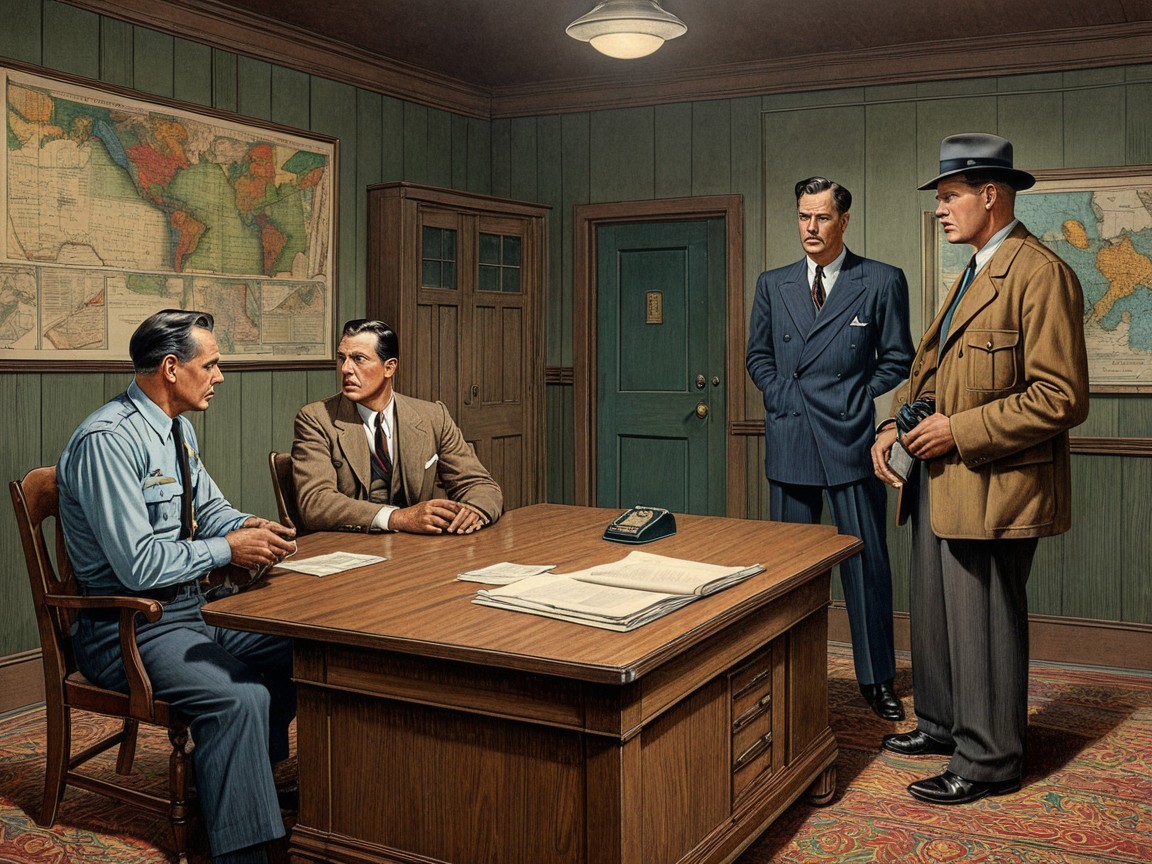 Men in Office with Maps and Dim Lighting