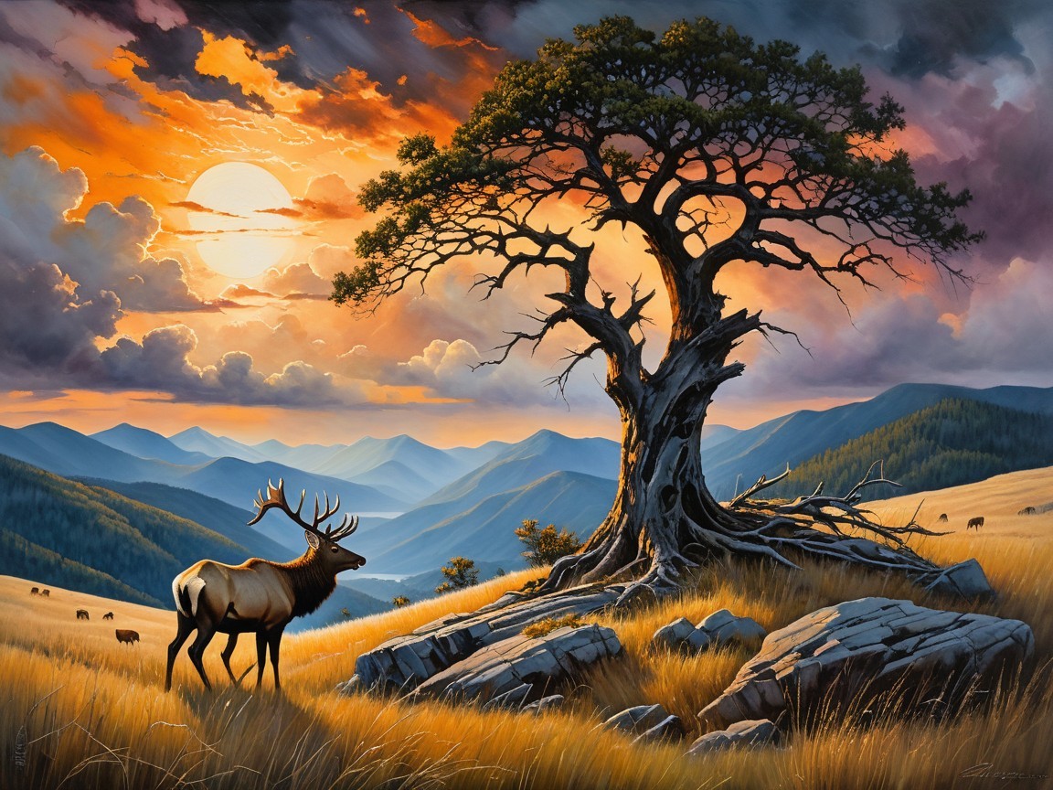 Majestic elk at sunset with mountain backdrop and cows