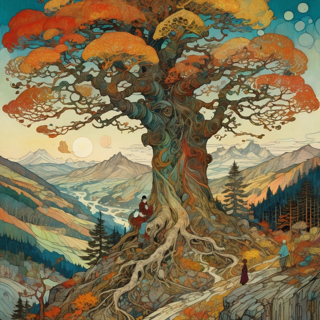 Majestic tree with autumn leaves in mountainous landscape