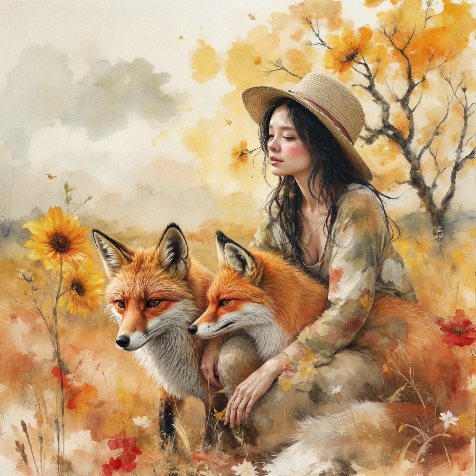 Young Woman in Floral Dress Amid Autumn Foliage