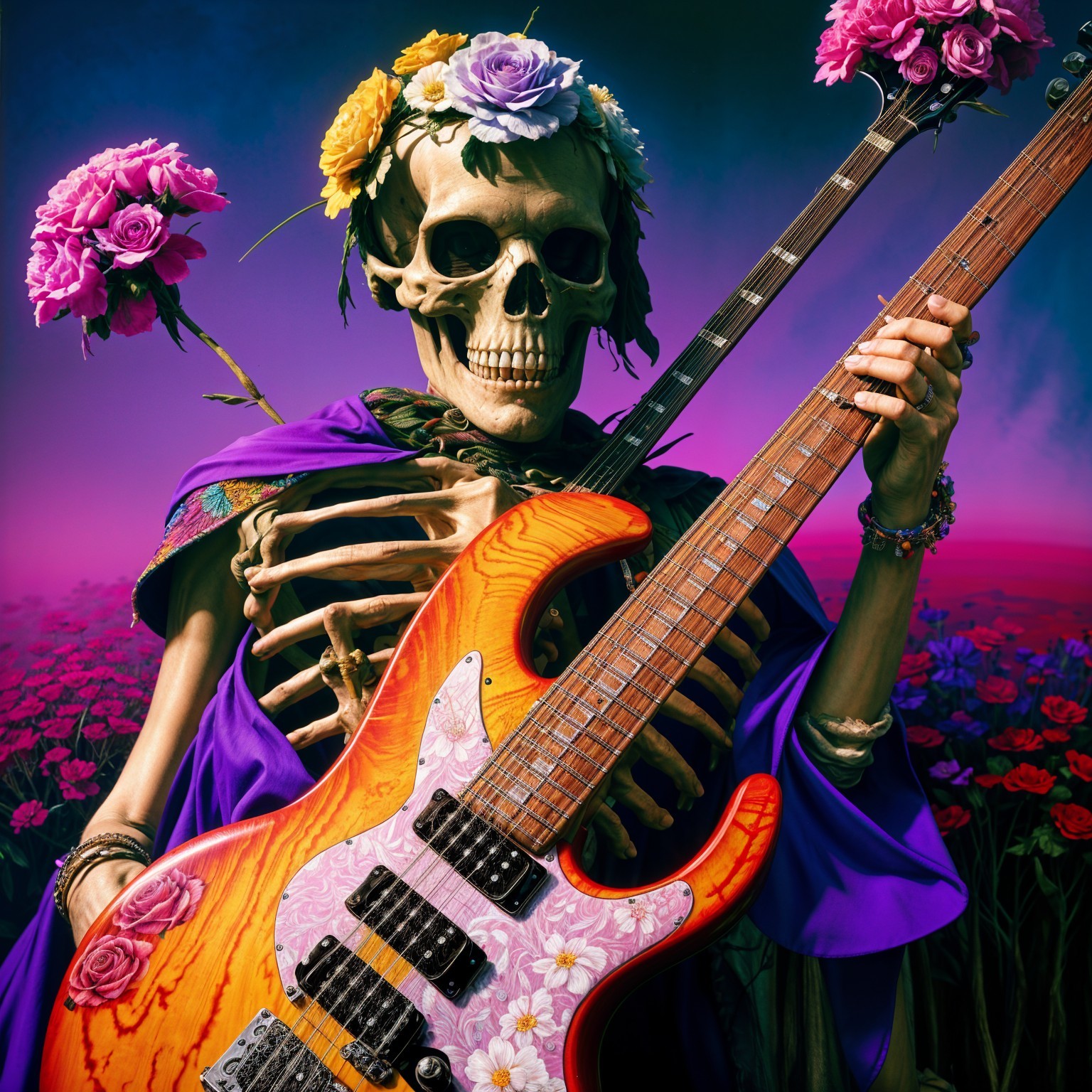 Colorful Skeleton in Flower Field with Bass Guitar