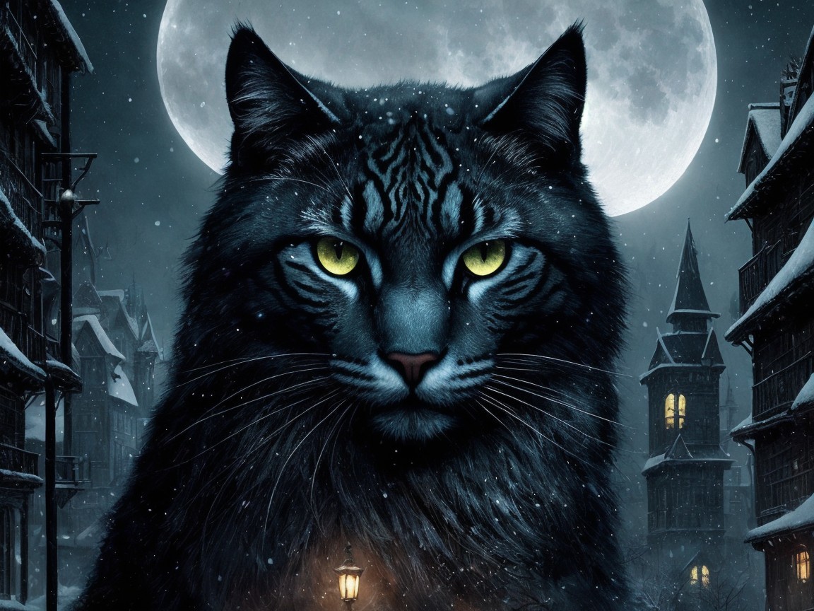 Black Cat with Yellow-Green Eyes in Moonlit Night