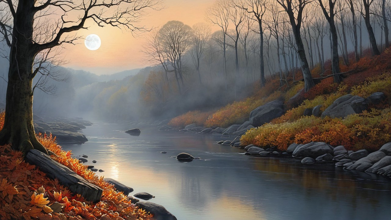 Tranquil River Landscape at Dawn with Autumn Colors