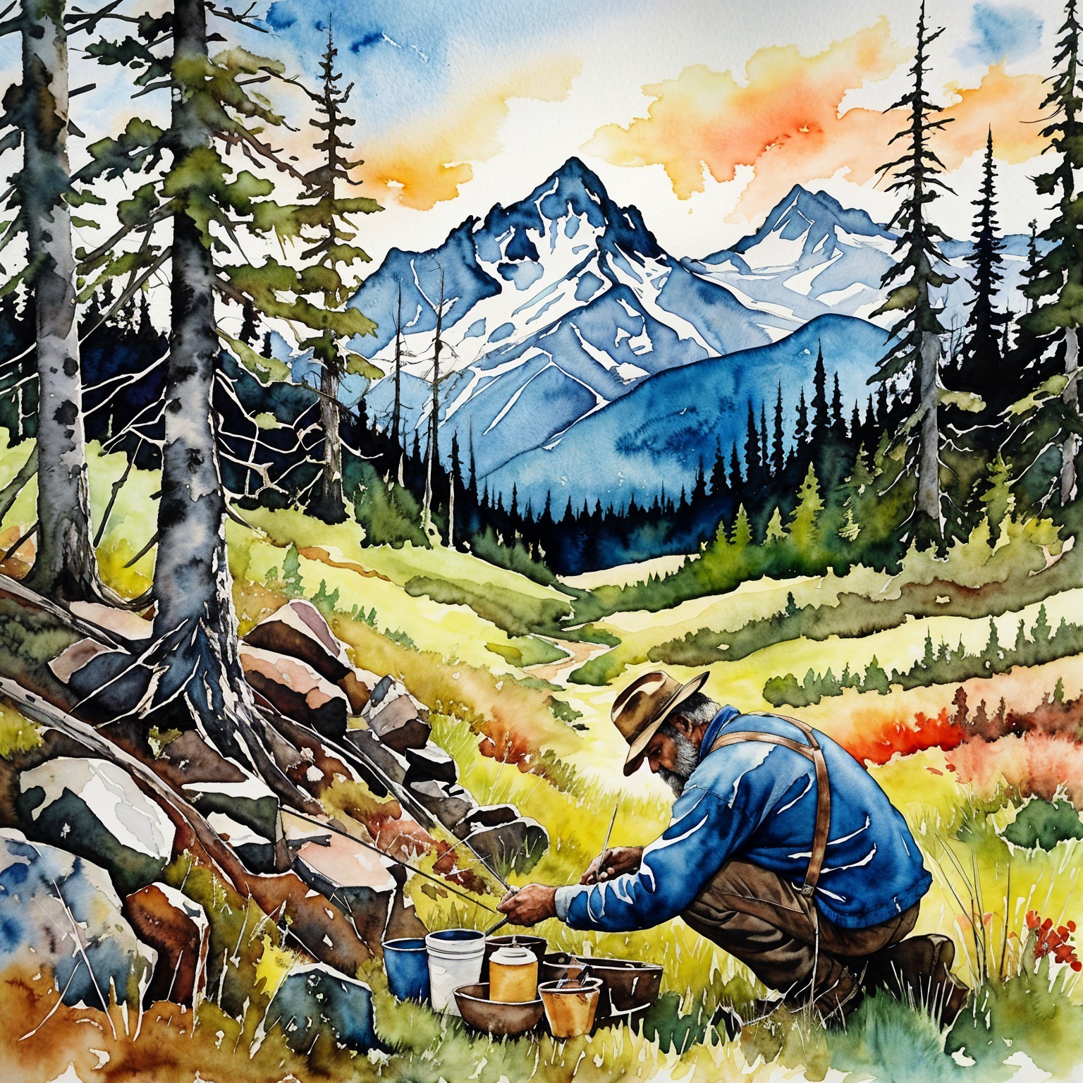 Watercolor Scene of a Man in a Meadow at Sunset