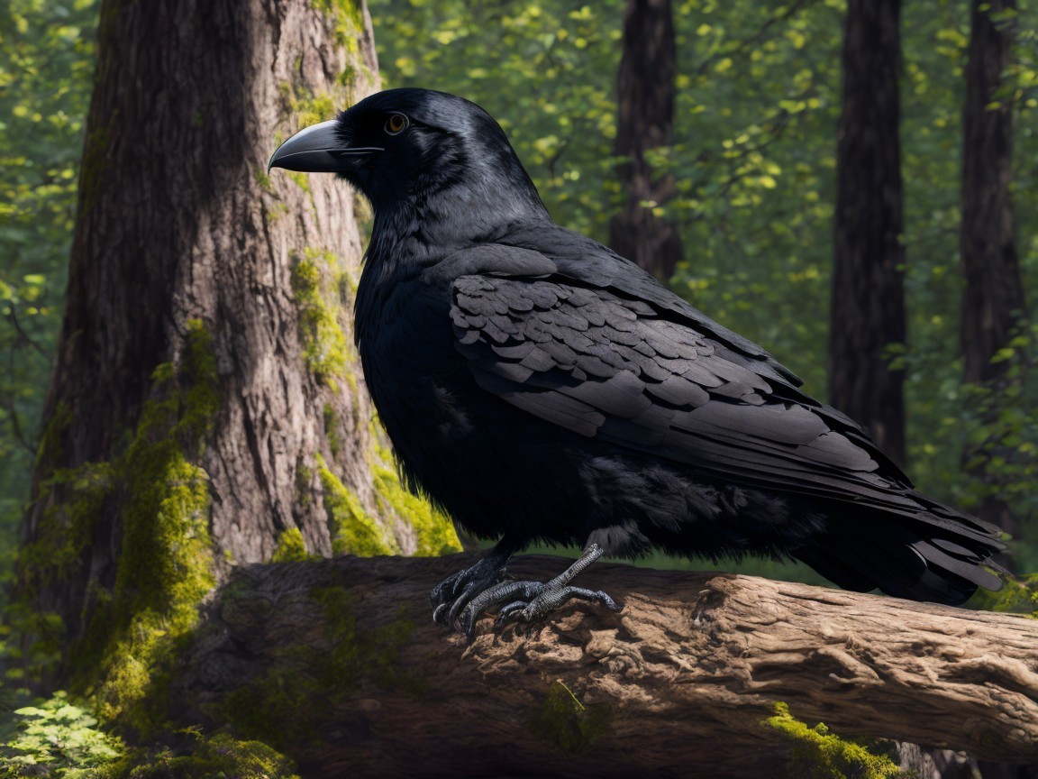 Raven on Moss-Covered Log in Lush Forest Setting