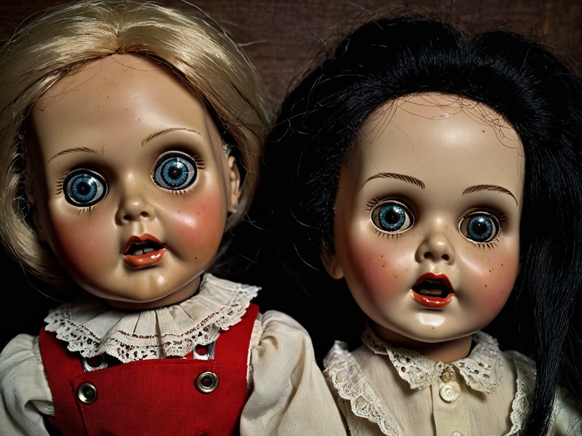 Vintage Dolls with Large Blue Eyes and Unique Outfits