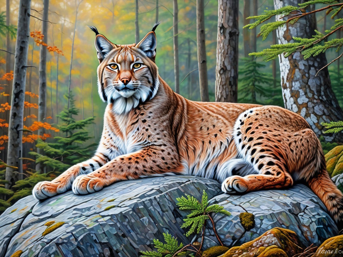 Lynx on Rock in Serene Autumn Forest Setting