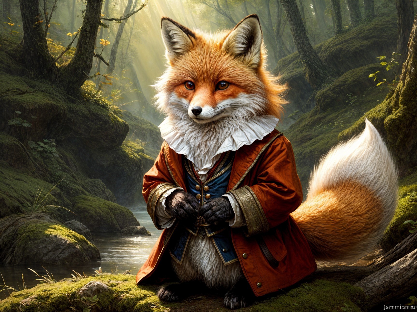 Dignified fox in ornate coat in serene forest scene
