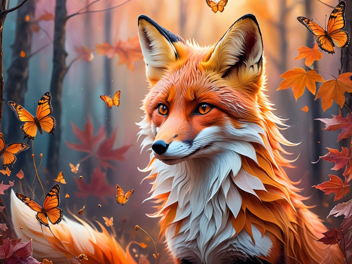 Vibrant Orange Fox in Enchanted Autumn Forest Scene