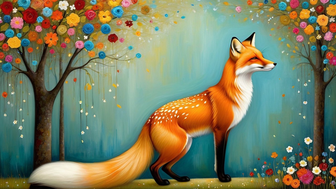 Whimsical Illustration of a Fox in a Colorful Garden