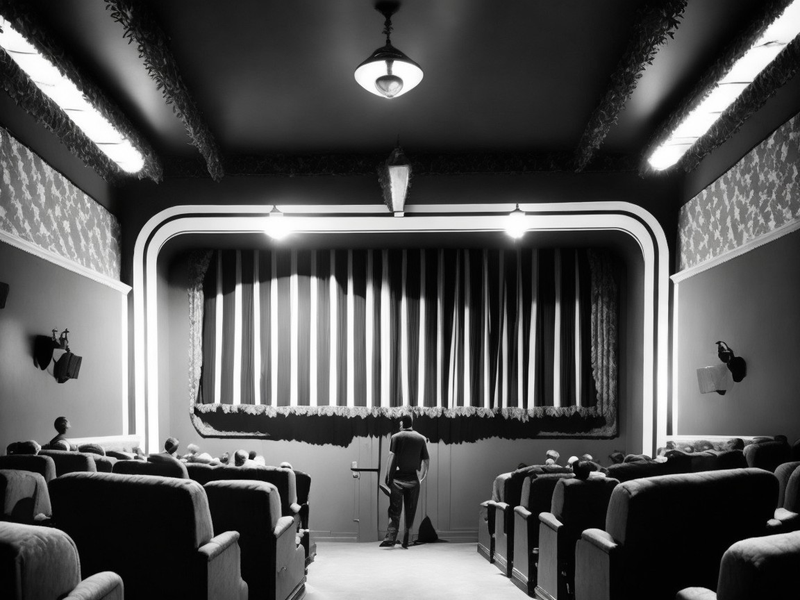Vintage Cinema Interior with Plush Seats and Stage