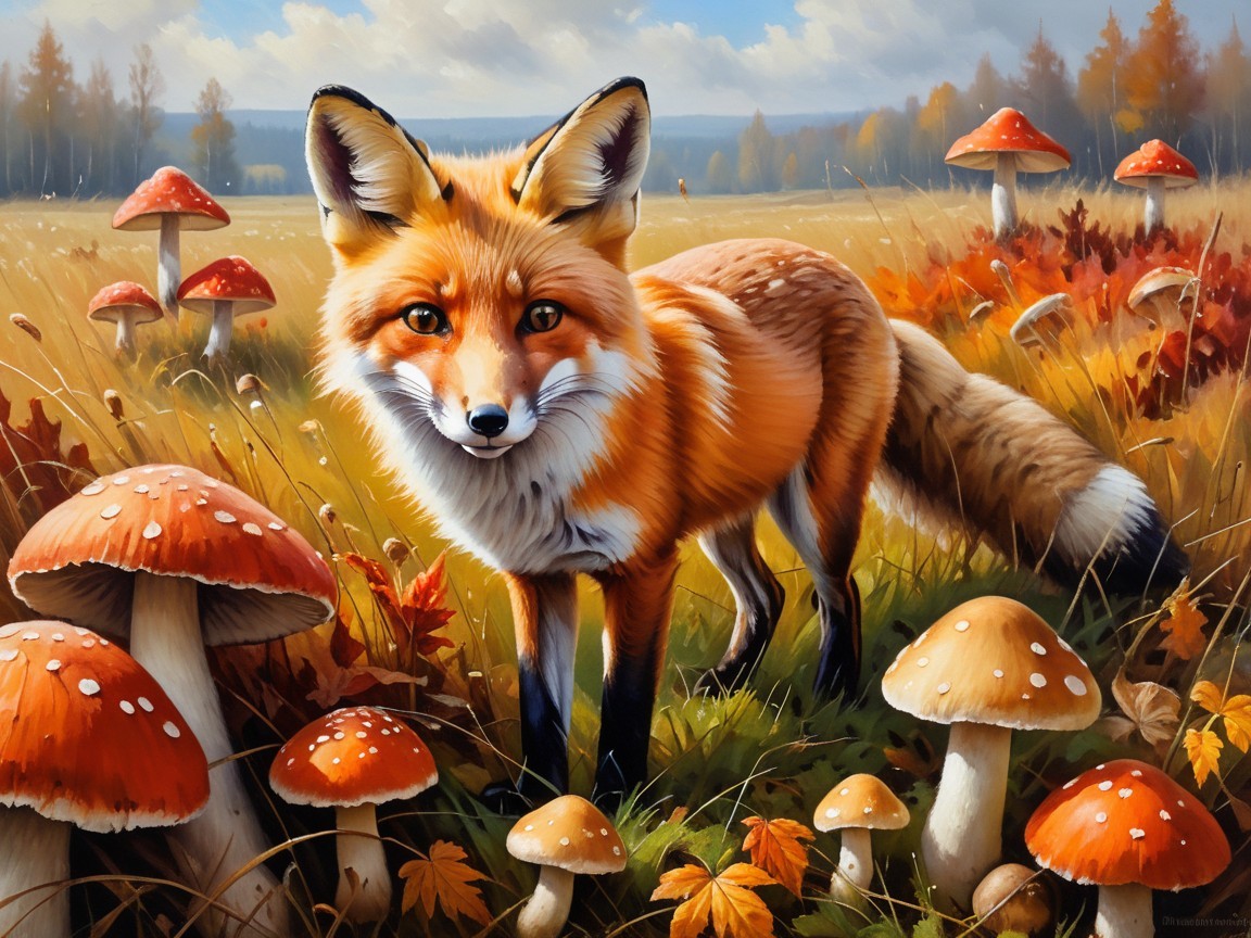Red Fox in Autumn Landscape with Colorful Foliage