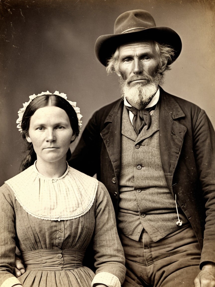 Studio Portrait of Woman in Brown Dress and Bearded Man