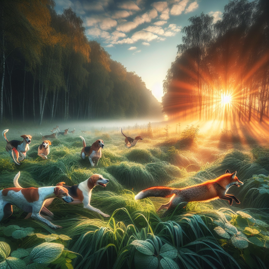 Dogs Chase Fox in a Misty Forest at Sunrise