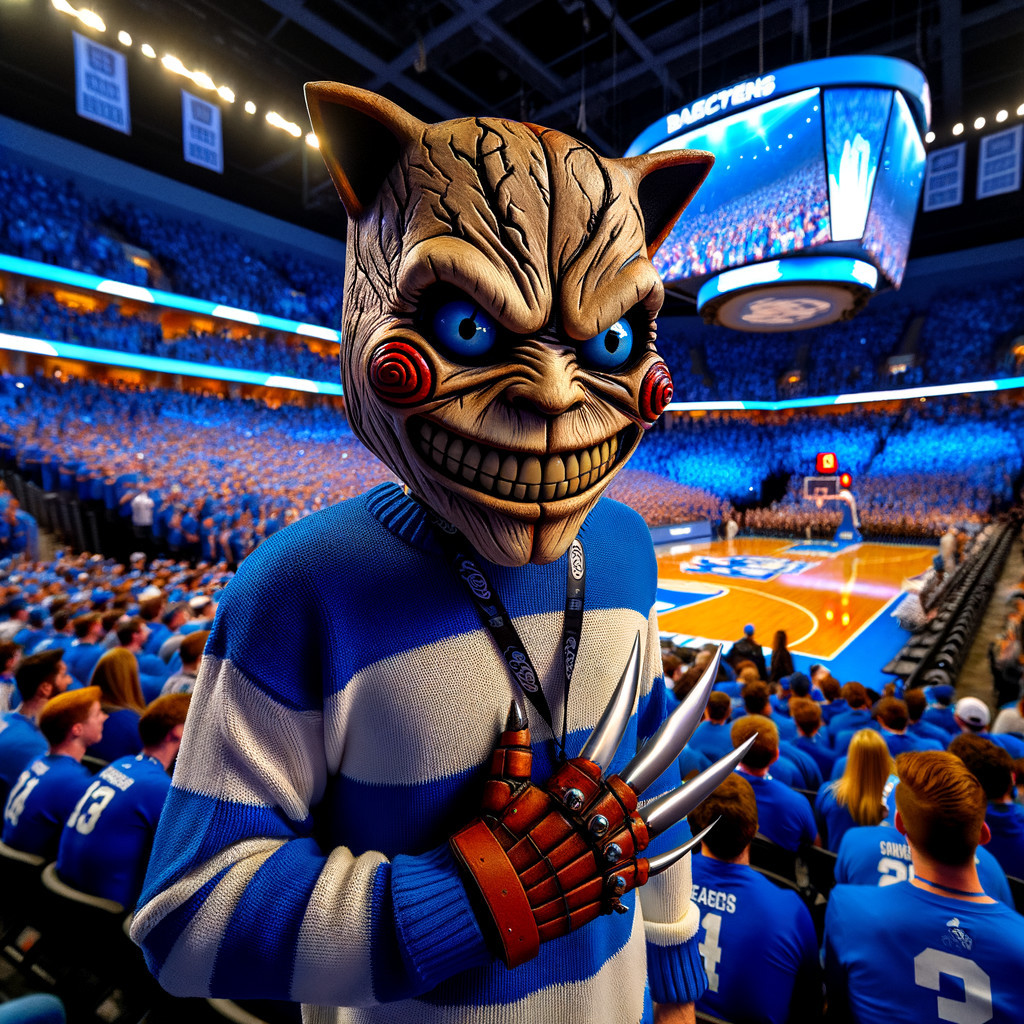 Crowd in Blue with Monstrous Mask at Sports Arena