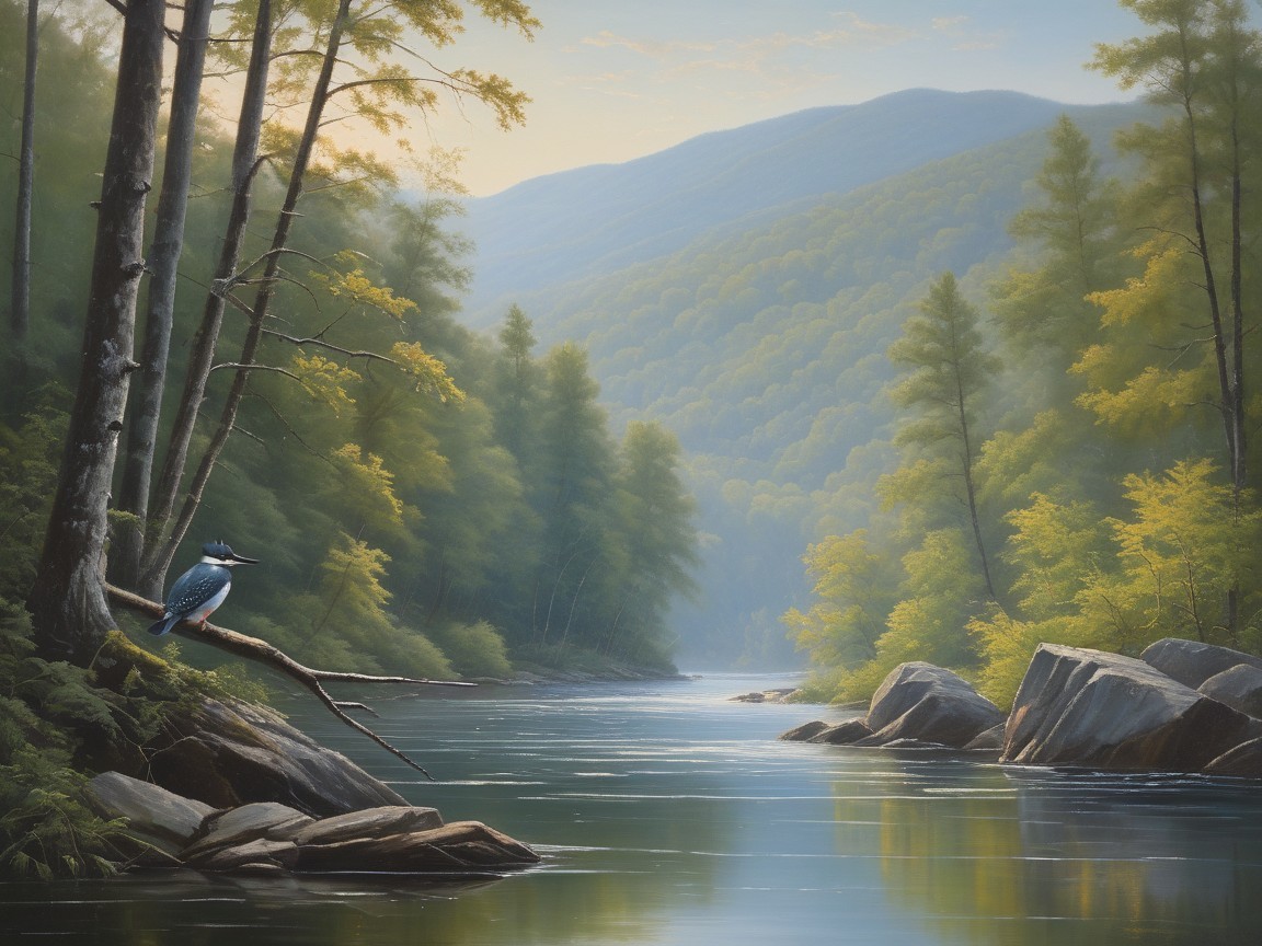 Tranquil River Landscape with Mountains and Kingfisher