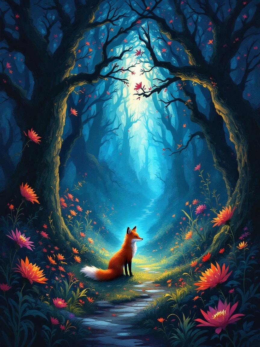 Enchanted Forest Path with a Curious Fox