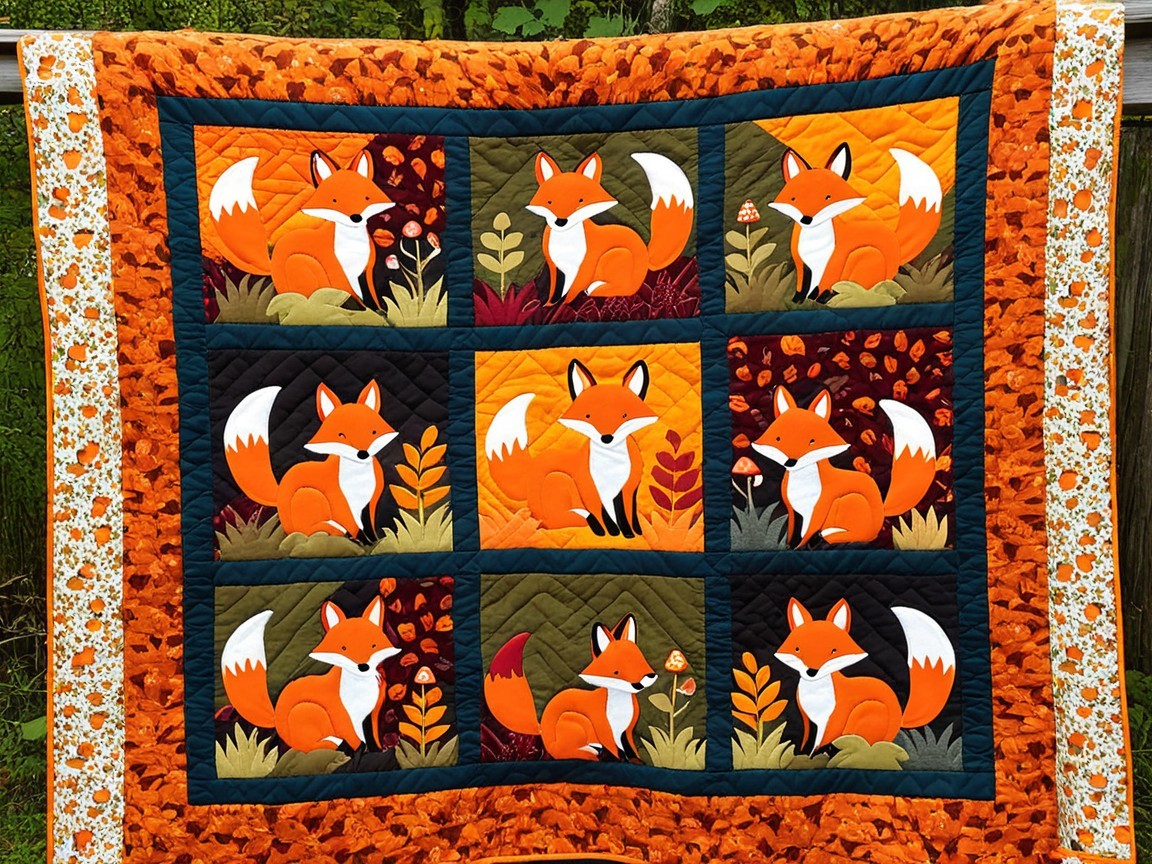 Vibrant Fox-Themed Quilt with Autumn Colors and Foliage