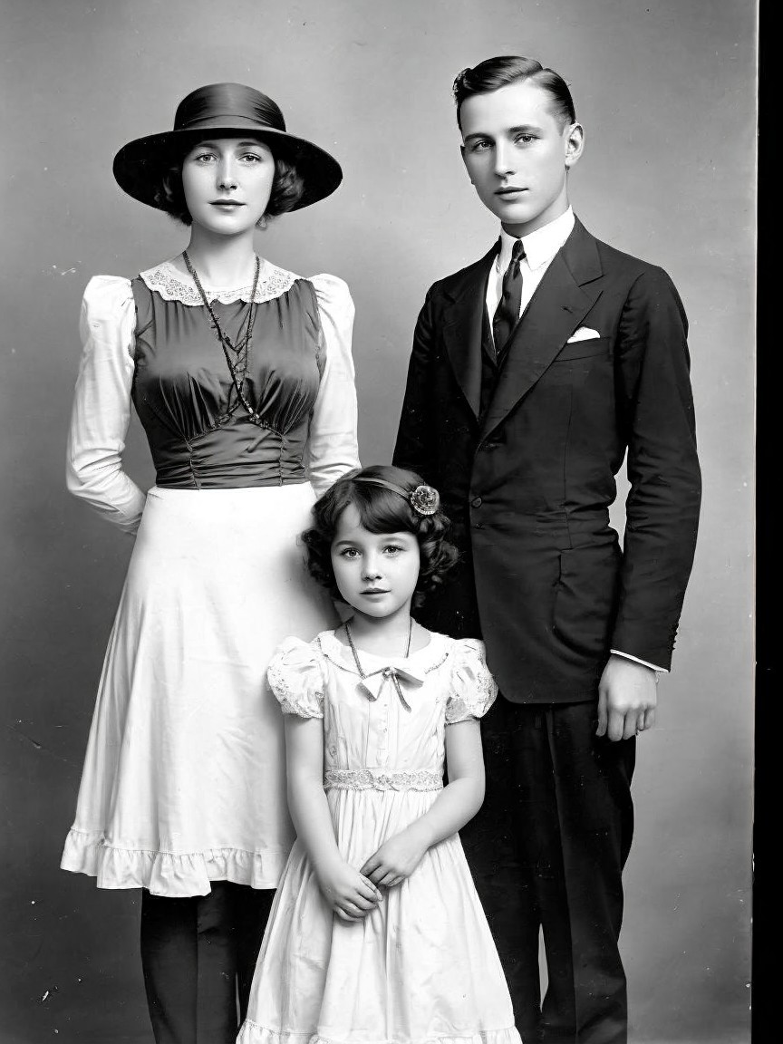 Black and White Portrait of Two Adults and a Child