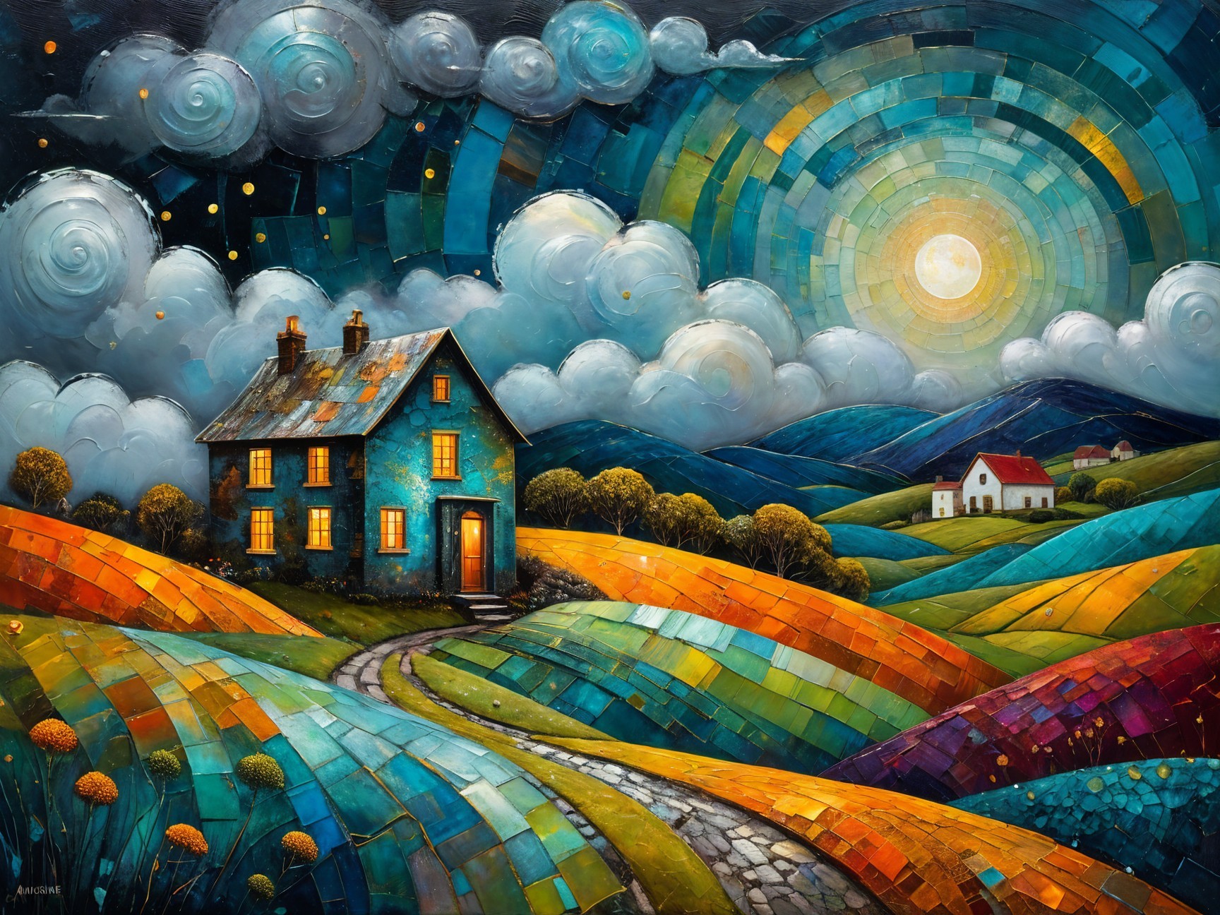 Vibrant Abstract Landscape with Blue House and Sun