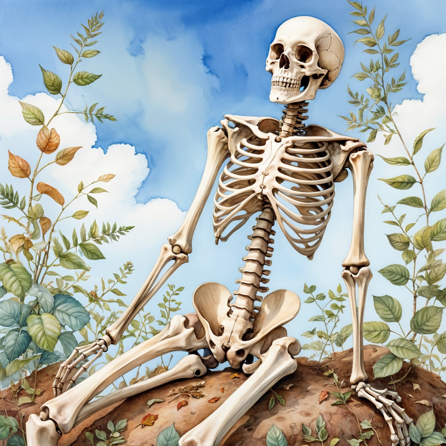 Whimsical skeleton among lush foliage and blue sky